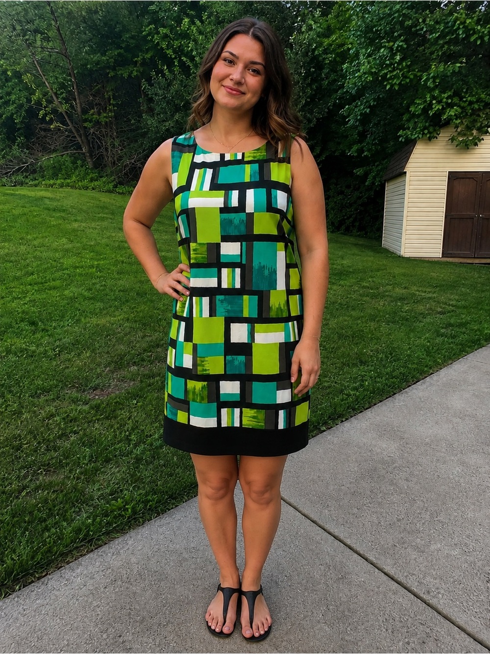 Kim Rogers Geometric Shift Dress in Lime & Teal
